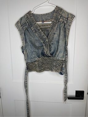 Anthropologie Pilcro Washed Denim-Effect Cropped Tie-Waist Top - Blue